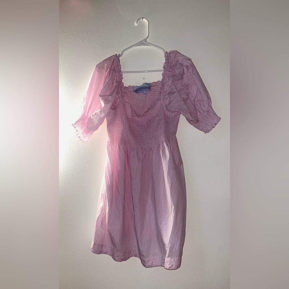 Hill House nap dress in pink and white check pattern.